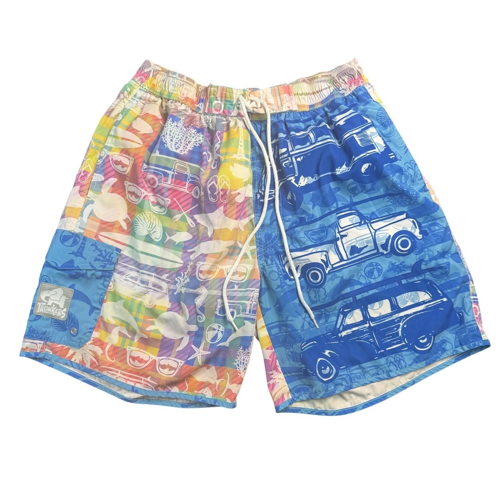 Trunkers Swim Trunks Shorts Mens XL Multicolor Blue‎ Aloha Surf Woody Car Beach
